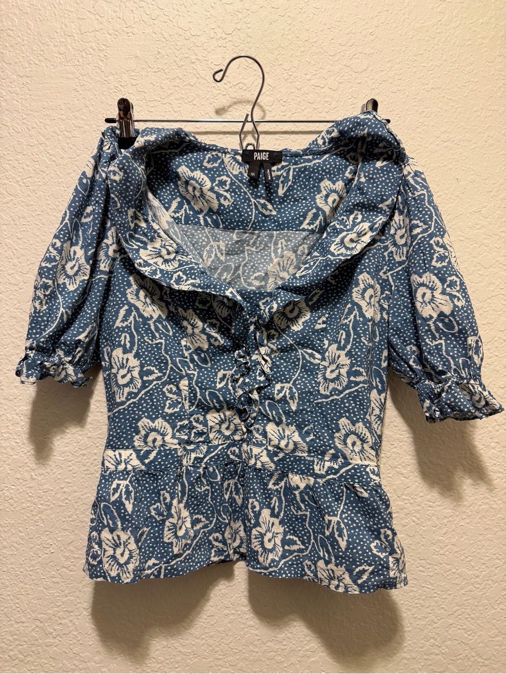 PAIGE Blue Floral Button-Front Peplum Blouse